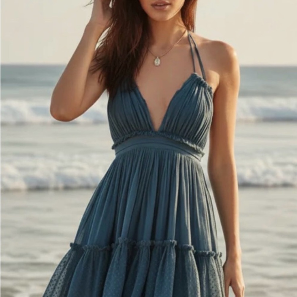 Light Blue V-Neck Halter Maxi Dress